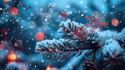 A close-up of a snowy pine branch with a red snowflake ornament, set against a backdrop of festive bokeh lights.
