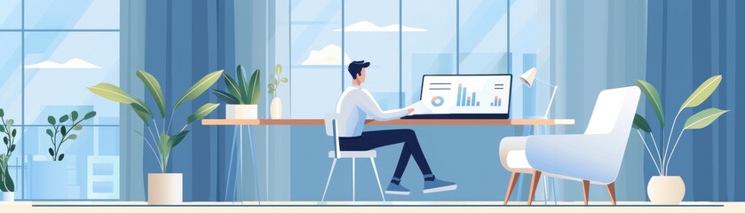 A modern workspace featuring a person working at a desk with a laptop and plants, creating a serene and productive environment.