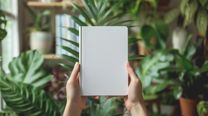 Hands holding a blank book against a background of lush green plants, ideal for mockups and creative design concepts.