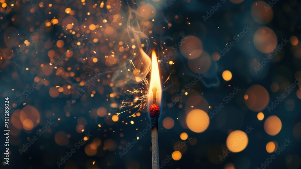 Poster a close-up of a lit matchstick with glowing sparks and a bokeh background, highlighting warmth and i