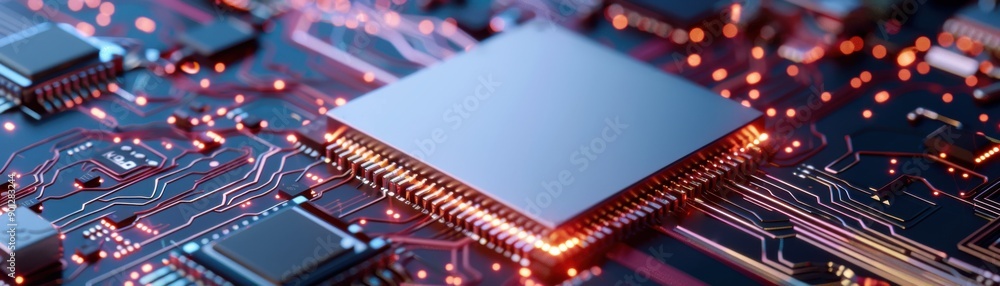 Poster a modern microchip on a circuit board, showcasing intricate designs and glowing connections, symboli