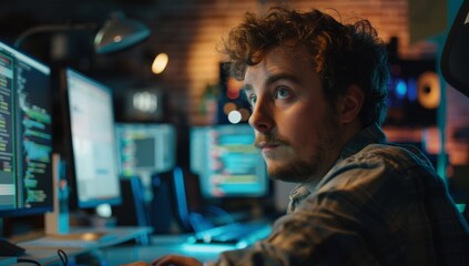 Man in headphones and glasses is sitting at his desk, talking to an online customer service