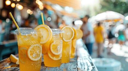 Rows of fresh lemonade in plastic cups with lemon slices at a vibrant market, capturing a refreshing summer vibe.