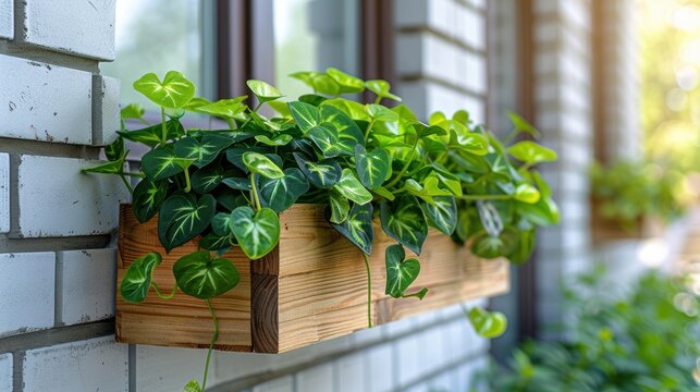 Fototapeta A wooden window box filled with lush green plants, enhancing the exterior of a brick building with natural beauty.