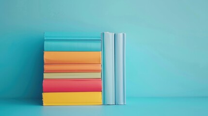 Stack of colorful books against a blue background, showcasing a vibrant and organized display of reading materials.