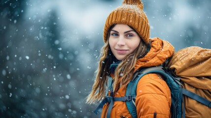 A woman in winter gear hiking in a snowy landscape, with snowflakes falling around her, showcasing a winter adventure.