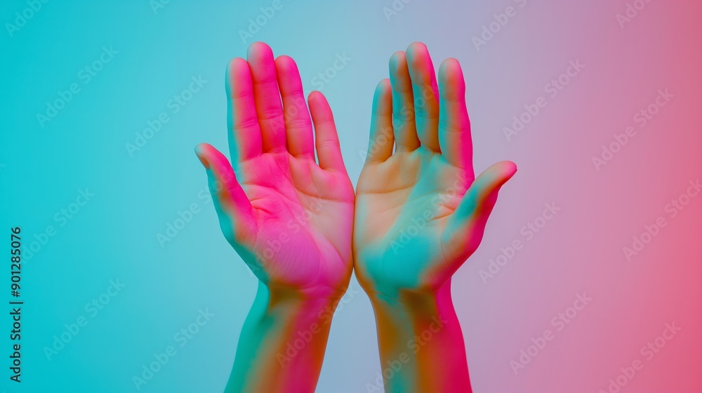 Poster two hands are shown in a pink and blue color scheme. the hands are open and facing each other, creat