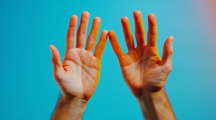 Two hands are raised in the air, one of which is slightly bent. The other hand is slightly bent as well, but not as much as the first