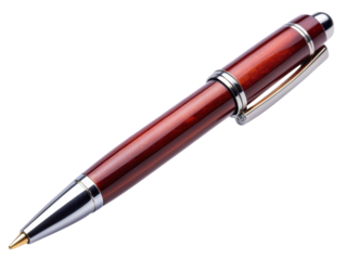Luxury Red Wooden Ballpoint Pen with gold and silver accents, designed for elegant writing and professional use. Isolated on transparent background, png.