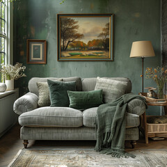 Wolf Grey Loveseat with Forest Green Throws in a Vibrant Living Room: Color Contrast in Decor