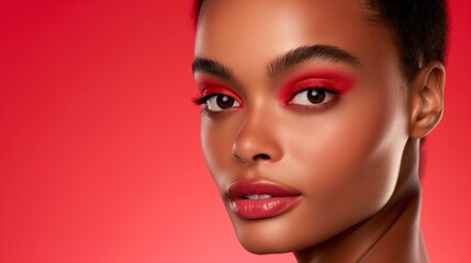 Fototapeta premium A woman with red eye shadow and lipstick. She is looking at the camera. The image has a bold and confident mood