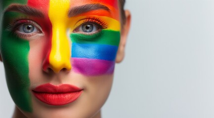 A woman with rainbow painted on her face. She is smiling and looking at the camera. The painting is colorful and vibrant, giving the impression of a happy and celebratory mood