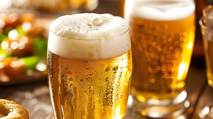 Golden Beer with Frothy Head in a Glass on a Wooden Table with Soft Bokeh Background