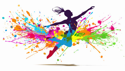 Obraz premium The picture shows a woman leaping in the middle of vibrant splashes of colorful paint