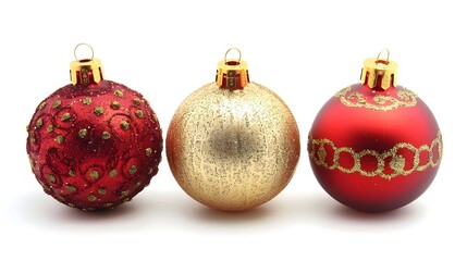 Red and Gold Christmas Ornaments Isolated on White Background