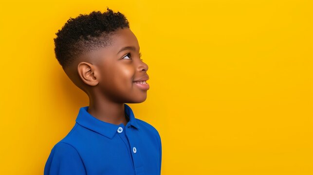 A young boy with a blue shirt and short hair is smiling at the camera. He is looking up at the camera with a curious expression