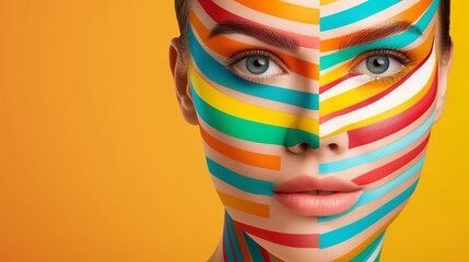 A woman with colorful stripes painted on her face. The stripes are in different colors and are arranged in a way that creates a unique and artistic look