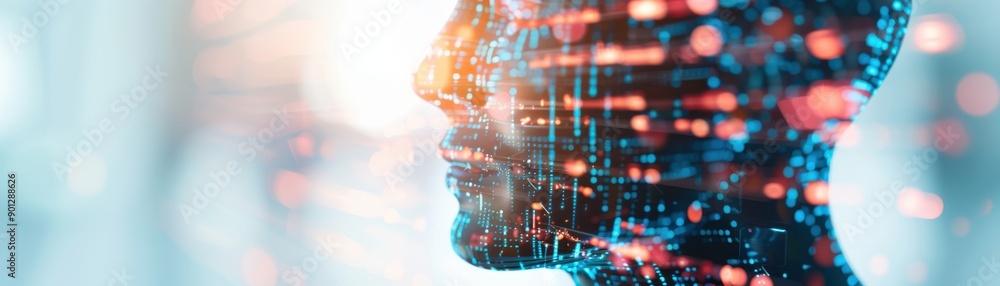Aufkleber a futuristic digital representation of a human head illuminated with data patterns and light effects