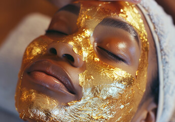 A woman getting a gold facial at a beauty salon, with a close up of the woman's face wearing a golden mask on her skin while hands perform a spa massage.