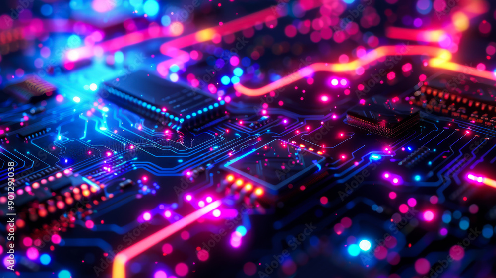 Poster computer chip with colorful background. abstract background. copy space.