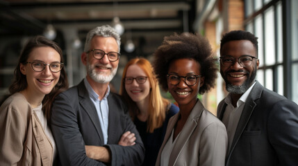 Diverse business professionals collaborating during team building event in modern office space