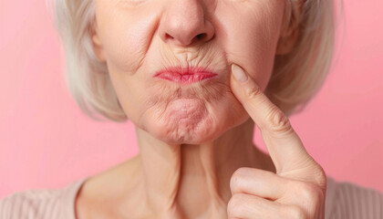 Naklejka premium An elderly woman is playfully putting her finger in her mouth while making a comical expression