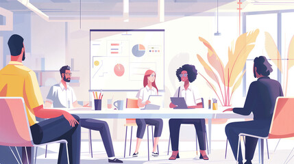 Business professionals collaborate on presentation in modern office setting