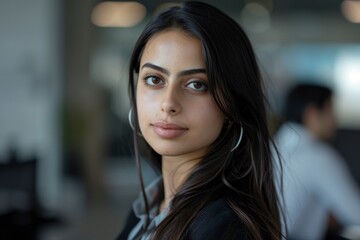 Fototapeta premium Professional woman with piercing gaze and subtle smile in office. generative ai