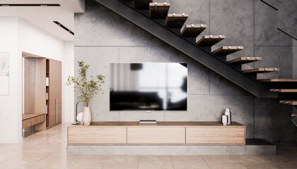 Television set under steps in modern living room