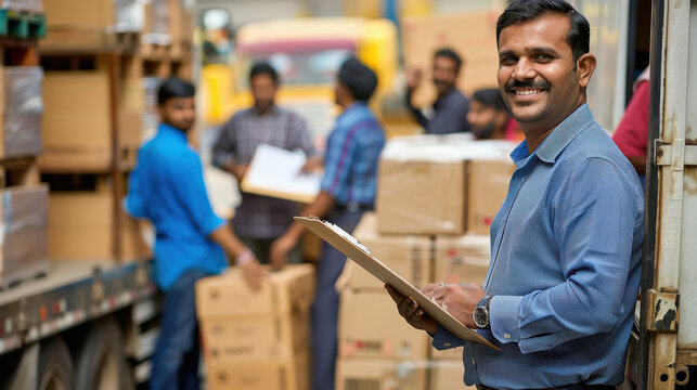 young indian man holding clipboard at warehouse - Powered by Adobe