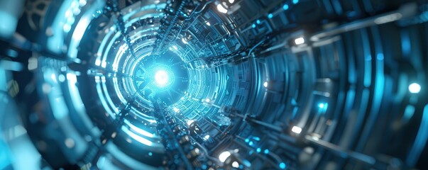 Fusion reactor interior with glowing blue lights.