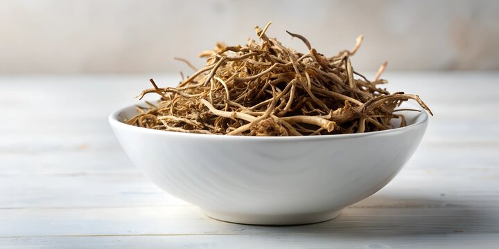 Hog weed Boerhavia diffusa dried roots on white ceramic bowl AI Generative