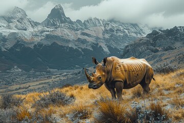 Fototapeta premium Rhinoceros on the mountain, emphasizing the majesty of the animal in the wild, rugged setting