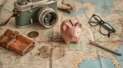 A pink piggy bank surrounded by travel items including a camera, wallet, glasses, and map, representing savings for travel.
