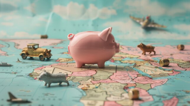A pink piggy bank placed on a world map with toy vehicles and animals, symbolizing global savings and travel planning.