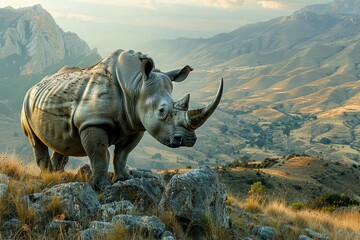 Fototapeta premium Rhinoceros on the mountain, emphasizing the majesty of the animal in the wild, rugged setting