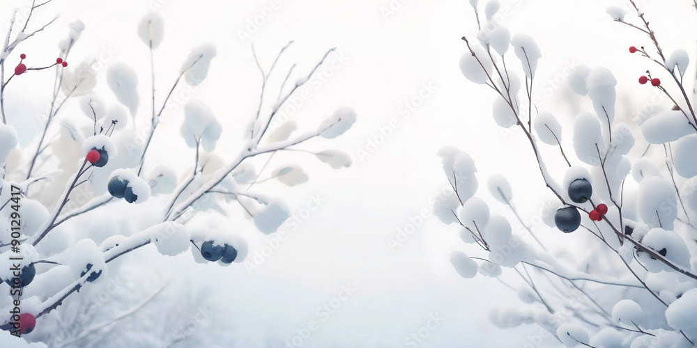 Poster beautiful winter christmas background with branches and red black berries covered with snow in the f