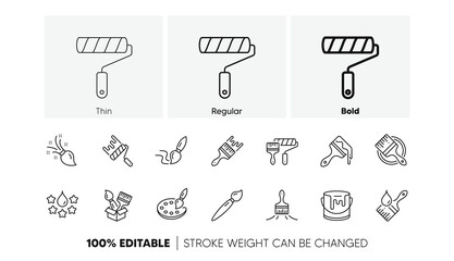 Color palette, Paint tin or bucket, Roller tool. Paint brushes line icons. Pantone samples, Dye quality, Creative art brush line icons. Finishing work, Painter tool and Dye color palette. Vector