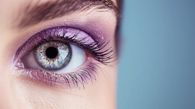 A modern and minimalist photograph of a purple eye, designed with ample copy space for adding personalized elements.
