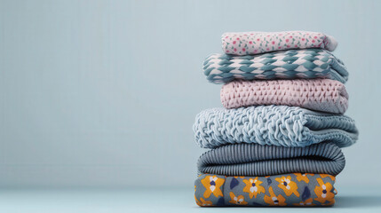 A neatly stacked pile of colorful, folded blankets with various patterns against a light gray background.