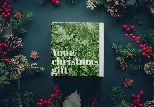 Mockup Gift Box Christmas Holly Background. Ai Generated