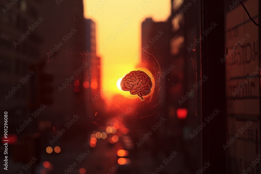Poster sunset with a brain hologram floating over a cityscape representing the intersection of nature and t