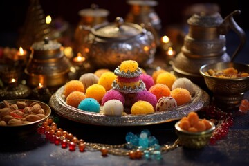 Artisanal Traditional indian sweet decorations. Sweet dessert mithai holi lamp. Generate Ai