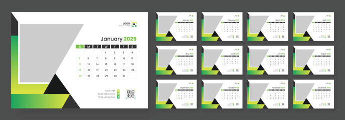 Desk Calendar Template 2025, New Year 2025 table calendar, Minimalist desk calendar 2025 template. Week start on Sunday.