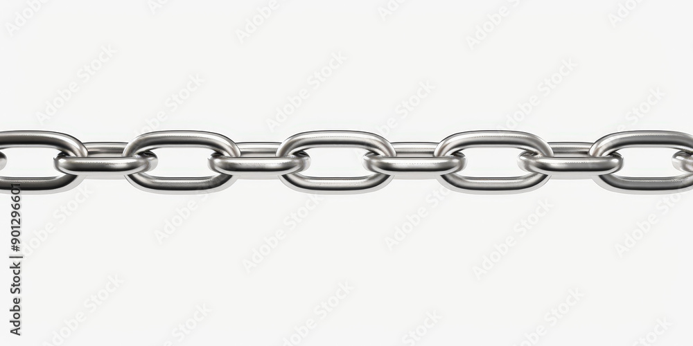 Poster a close-up of a silver metallic chain with interlocking oval links arranged horizontally against a w