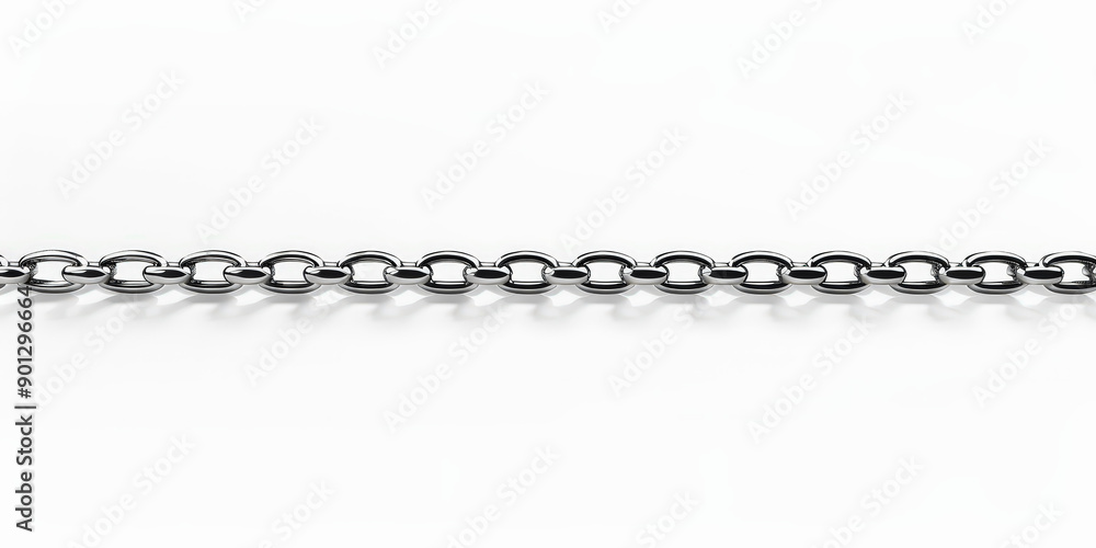 Poster a close-up view of a silver metallic chain with interlocking links, displayed against a plain, white