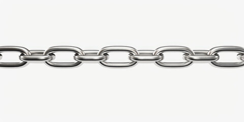 Obraz premium A close-up of a silver metallic chain with interlocking oval links arranged horizontally against a white background.