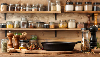 Cooking background. Rustic wooden kitchen table, cast iron pan, spice grinders, cutting board, spices and seasonings, storage jars. Copy space