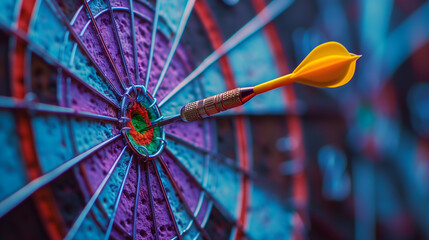 Close up side view of yellow dart is flying towards a purple target, vibrant color