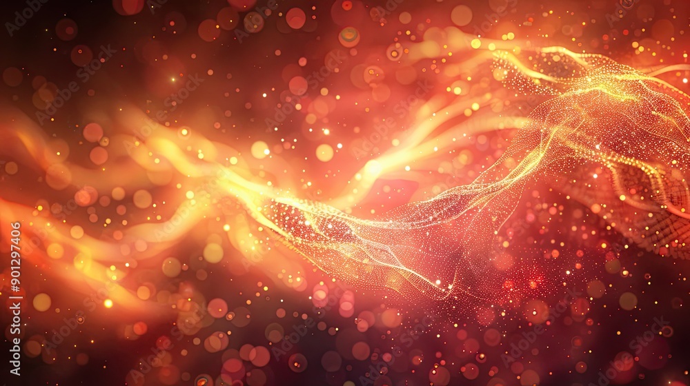 Poster abstract energy waves with particles and light rays, forming a vibrant, dynamic background with glow